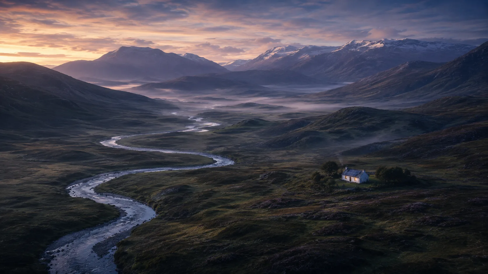 A Scottish glen at dawn, low sun raking across the hillsides
