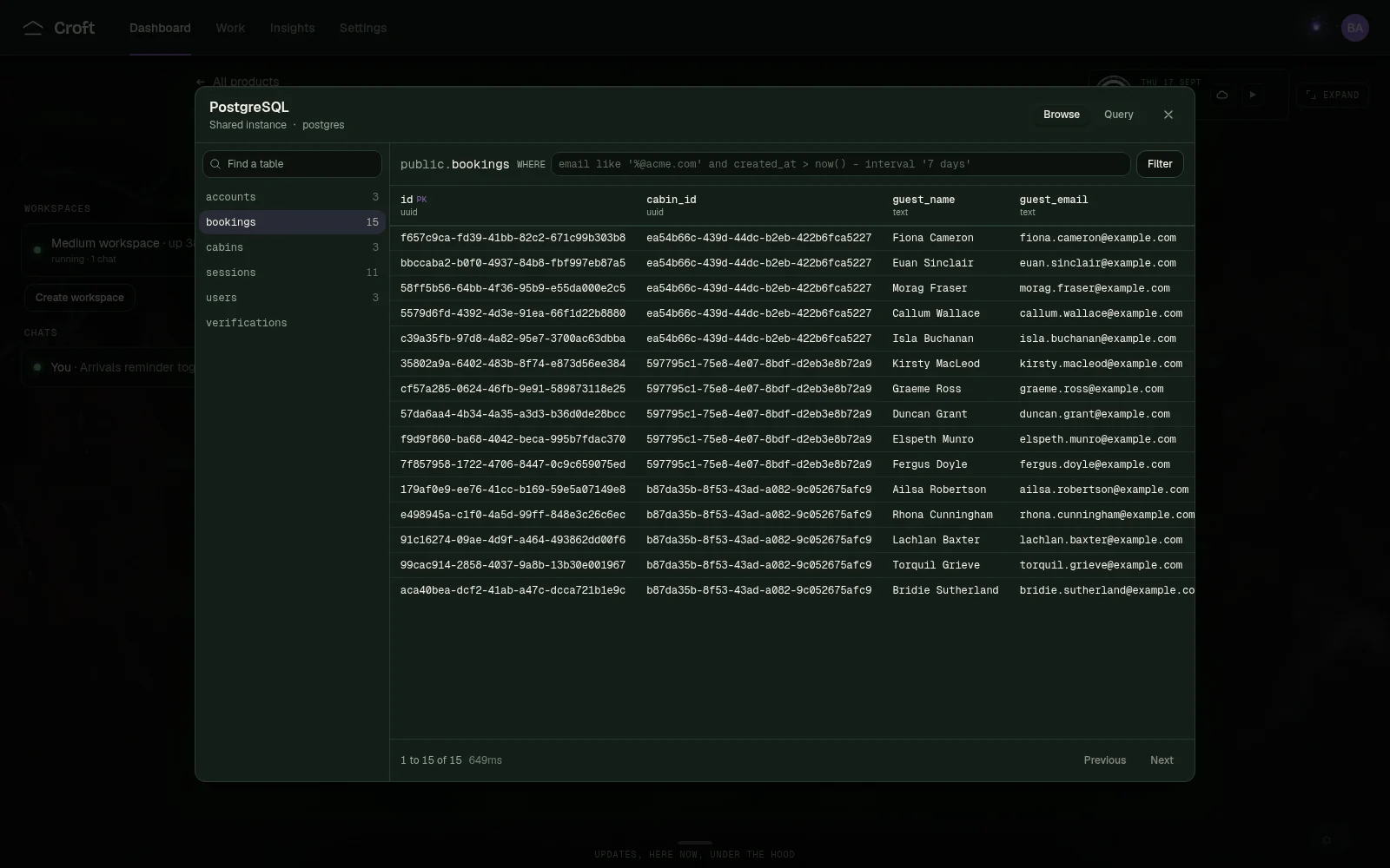 Croft's database browser showing the fictional Rowan cabin booking records