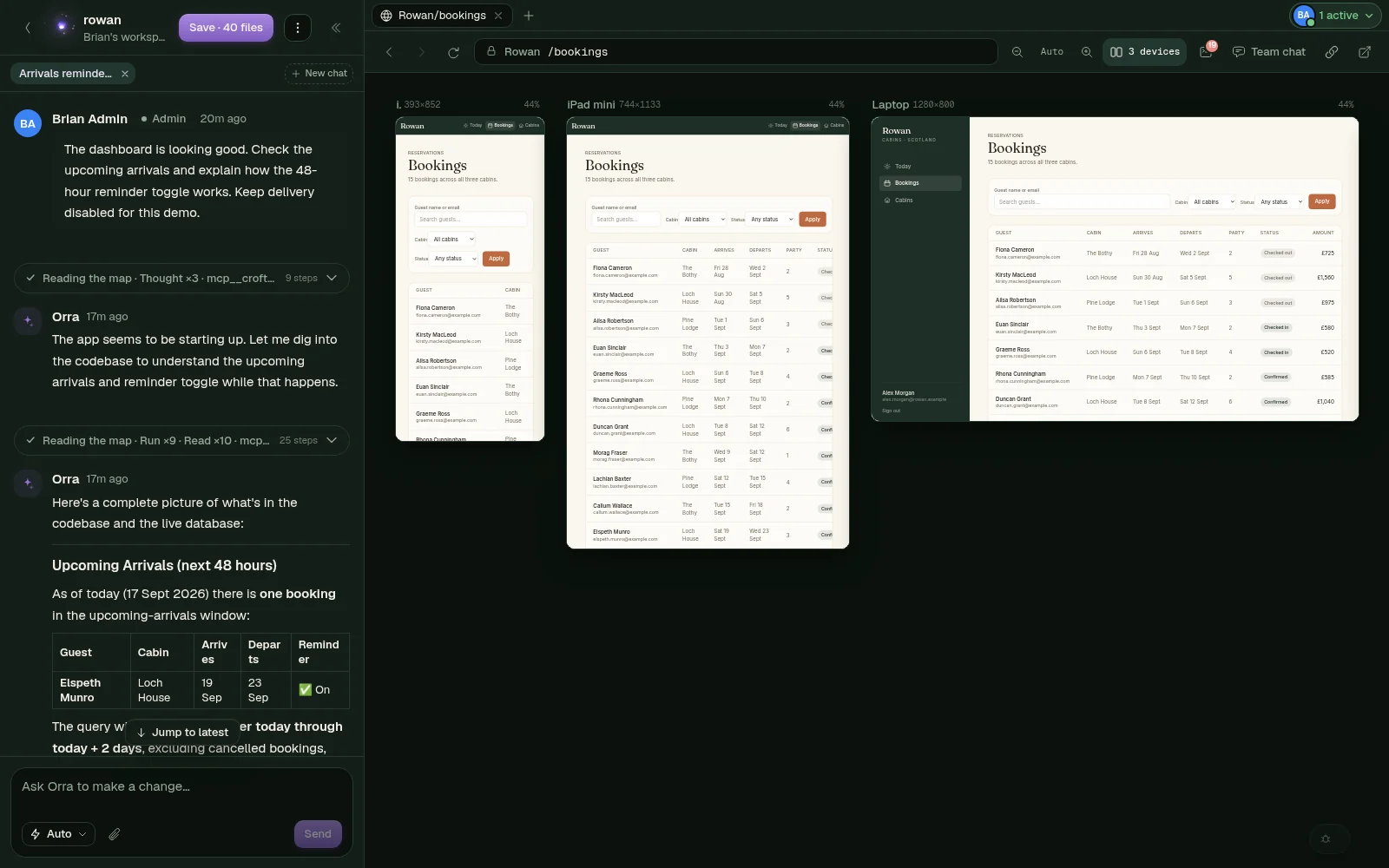 The Rowan app open at phone, tablet and laptop sizes side by side in Croft's live preview