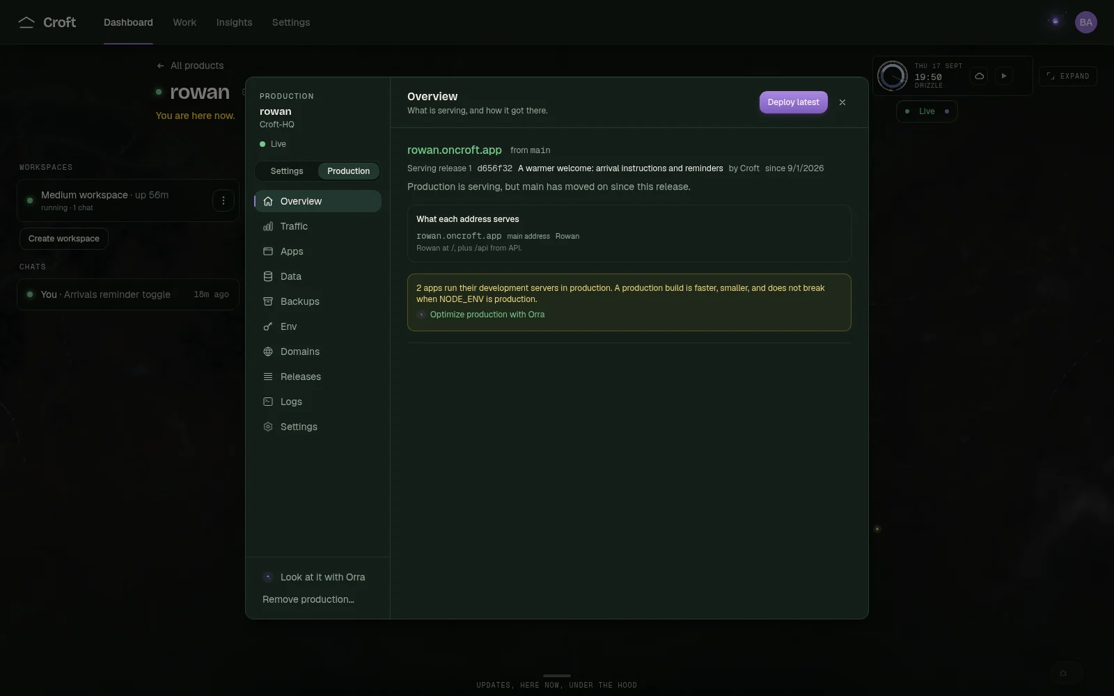 The production overview in Croft for the fictional Rowan app, showing the live release and its address