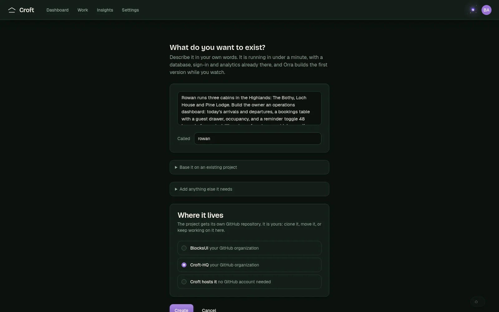 Croft's real new-project form filled with the fictional Rowan cabin booking app brief