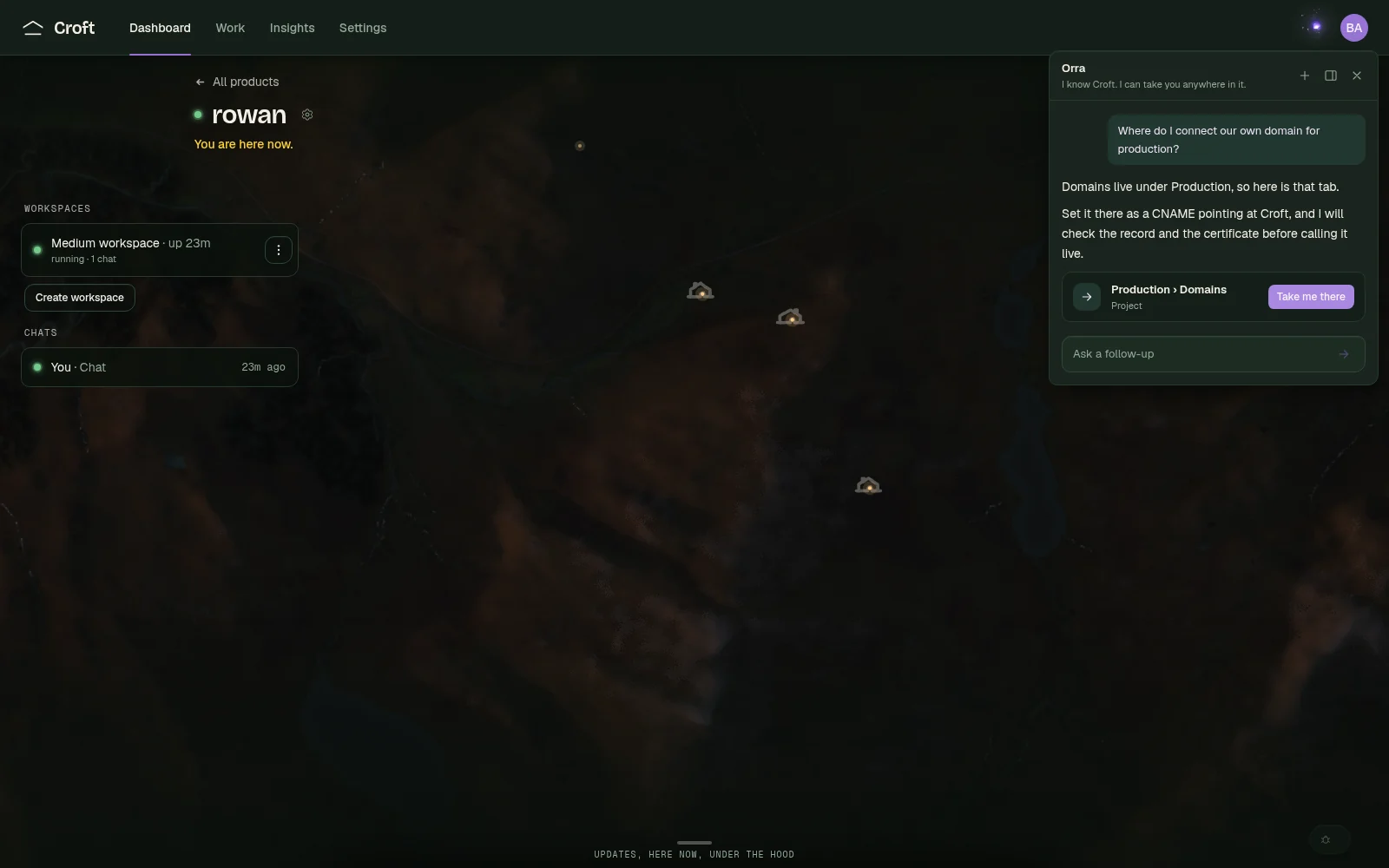 Orra answering a question about custom domains in Croft, with a door card that opens the Production Domains tab