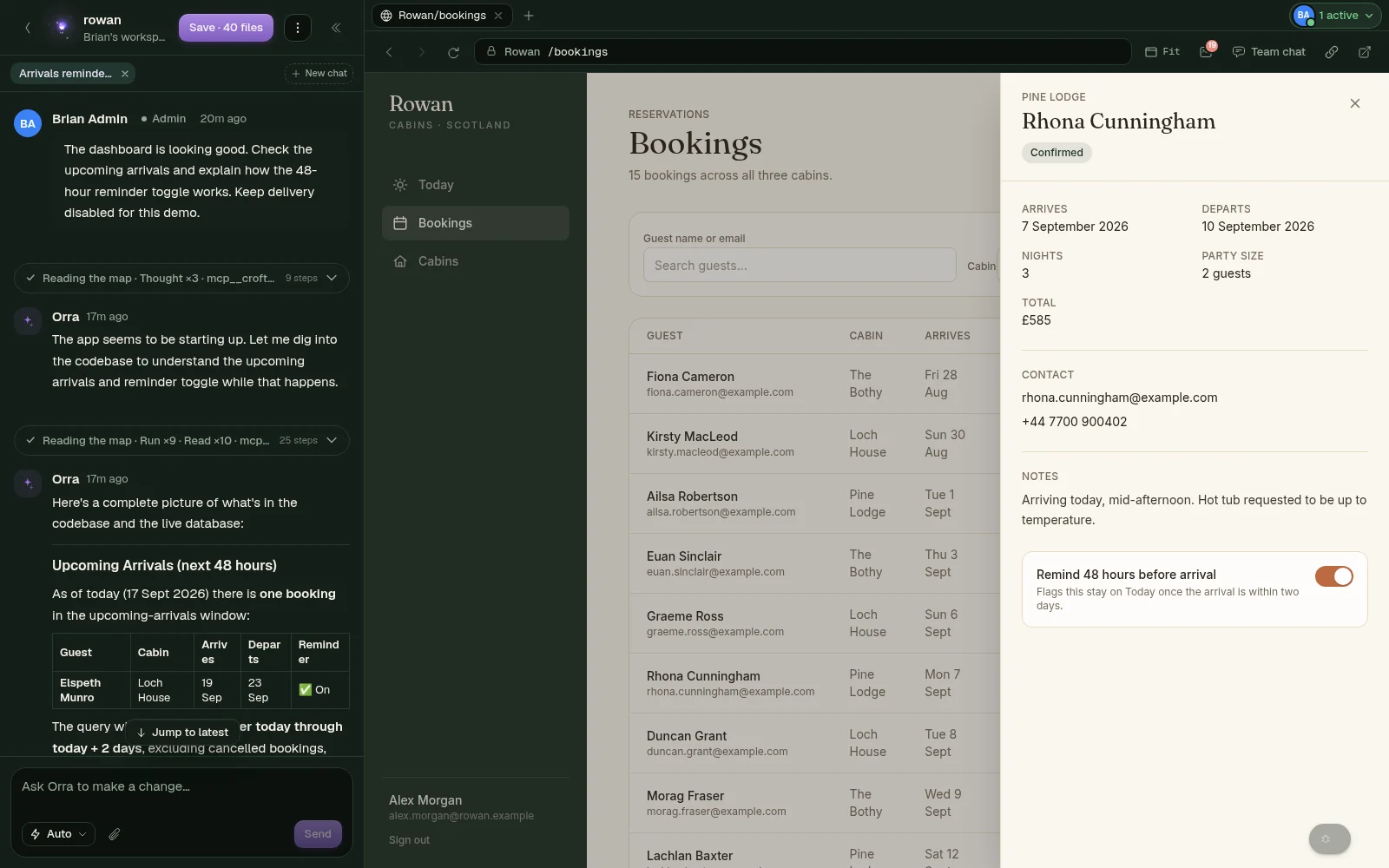 The Rowan booking details open in Croft's running app preview for human review