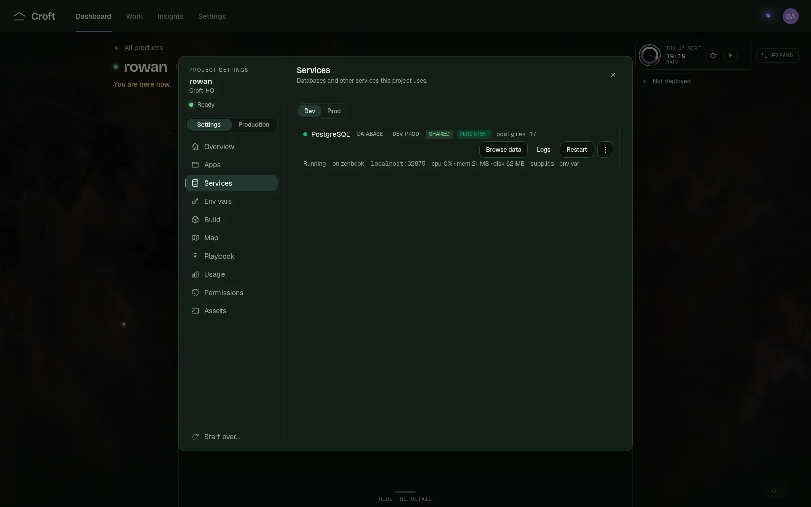 Rowan's real project settings in Croft showing its managed PostgreSQL service and database tools